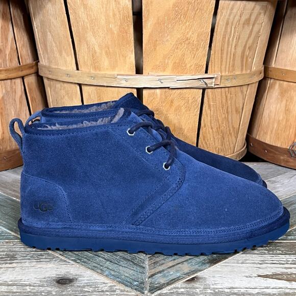 UGG Neumel Blue Suede Monochrome Shearling Fur Lined Chukka Boots Mens Size 10 - Picture 1 of 11